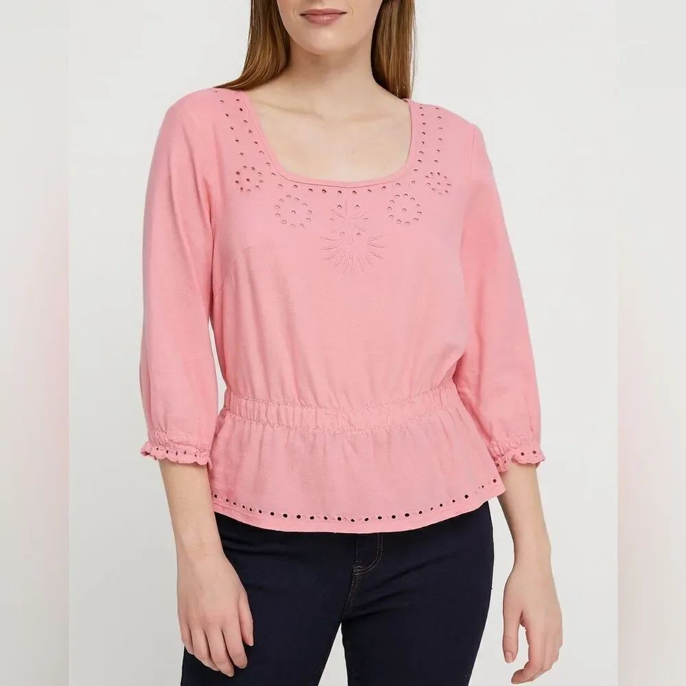 Carole Little Pink Linen Cotton Blouse Eyelet Trim Peplum Hem Boho Top Size M